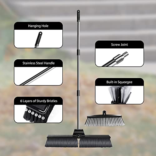 Znm Push Broom 24.8" Outdoor Heavy Duty Broom Stiff Surface Floor Scrub Brush With Long Handle,Garage Brooms For Deck Yard Patio Garden,2 Brush Heads #TOP1