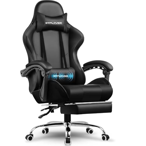 GTPLAYER Gaming Stuhl, Bürostuhl, Ergonomischer Pc Stuhl, Gaming Sessel mit Massagelendenwirbelstütze, Task Stühle mit Fußstütze und Kopfstütze, Schwarz Kunstleder