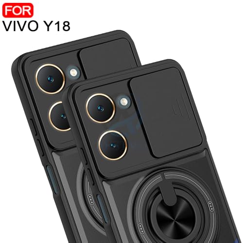 Image of AESTMO Vivo Y18 /Y18E /T3 Lite /iQOO Z9 Lite 5G Back Cover|Armor Camera Slider 360 Degree Rotating Finger Ring Holder Case with Bracket Stand Back Case Cover (Compatible with MagSafe Accessories) Black