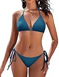 Vijamiy Bikinis Mujer Sexy Cuello en V Bañador 2 Piezas Cordón Ajustable Color Degradado Bikini Push Up Beach Swimwear(Azul Oscuro,L)
