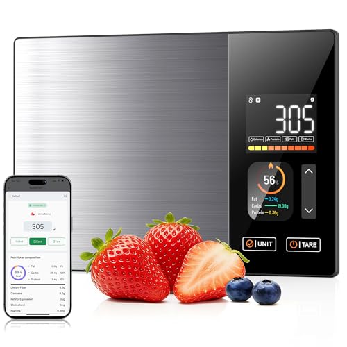 Intelligente Lebensmittelwaage mit Kalorienzählung Lebensmittelwaage mit kostenloser App und Bluetooth verfolgt 23 Nährstoffe Dual-Display mit Nährwertinformationen Offline-Modus für