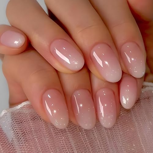 Almond Shaped Press On Nails, Short Nails Press ons Pink Ombre Fake Nails with Glitter Glue On Nails Design Acrylic Artificial Nails  Stick on Nails for Women 24Pcs