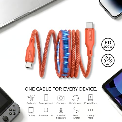 Image of PHILIPS DLC7130CR /94 100W Magnetic Type-C to Type-C Fast Charging Cable (1m, Coral Reef) | Nylon Braided | Compatible with iPhone 15+ Series, USB-C iPad Models, Samsung Galaxy & All Type C Devices