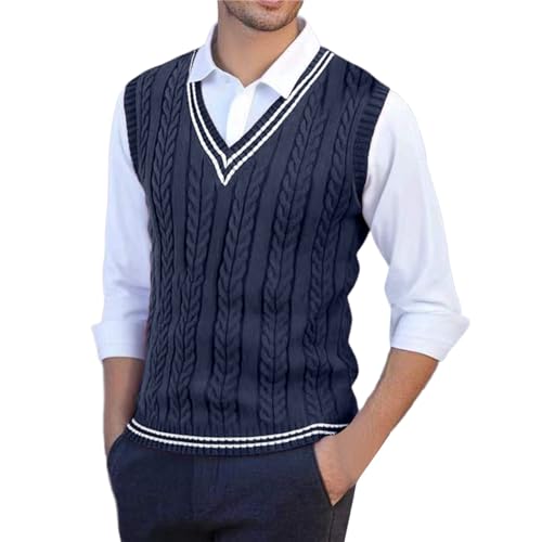 Sweater Vest Men Slim Fit Sleeveless V Neck Striped Cable Knit Sweater Business Casual Pullover Sweaters Fall Tops