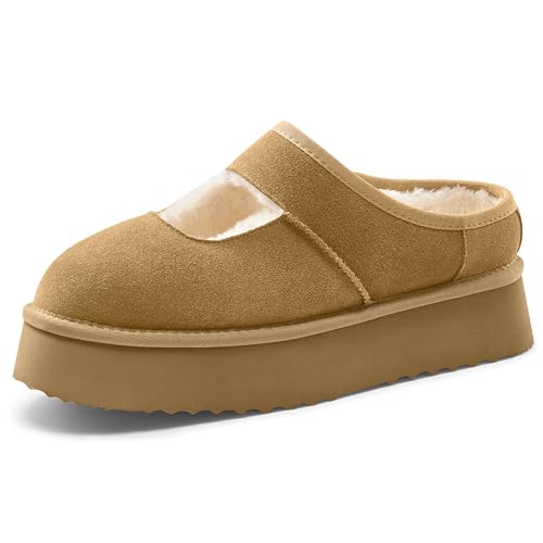 Platform Slippers for Women Cozy Fur Lined Slip on Mary Jane Fall Shoes Warm Comfy House Slippers for Indoor Outdoor