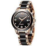 [page_title]-SUNKTA Damen Uhren, Mode wasserdichte Edelstahl Keramikuhr Rotgold Schwarz Analog Quarz Armbanduhren für Damen ST6615C