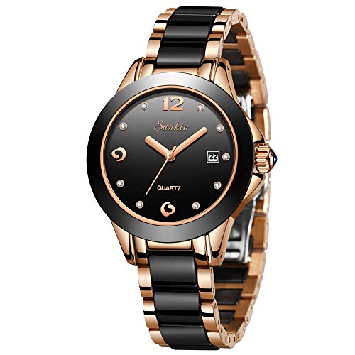 Preisvergleich Produktbild Damenuhren, Sunkta Damen Quarzuhr Mode Einfache Wasserdichte Keramikuhr Edelstahlband Rotgold Schwarz Armbanduhren Damen ST6615C