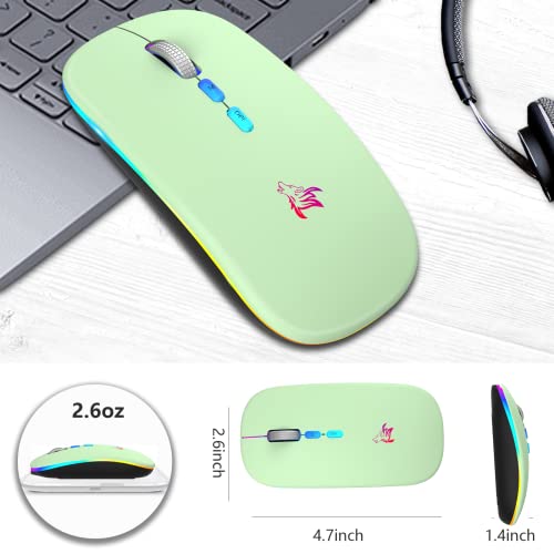 Hotlife Wireless Mouse Led Slim Rechargeable Bluetooth Mouse, Ergonomic Design Noiseless Mouse Portable Optical Mouse Silent Click Cordless Mouse With Usb Receiver And Type C Adapter (Green) #TOP6