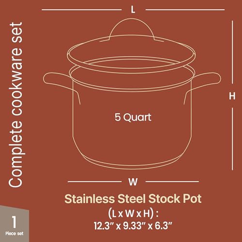 Stainless Steel Stockpot with Tempered Glass Lid 5 Quart, Durable 18/0 Stainless Steel, Impact-Bonded Base for Even Heating, Riveted Handles, Oven & All Stove Compatible, Safe Up To 500°F (260°C) - Thumbnail 2