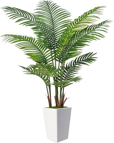 5FT Artificial Tree,Fake Tropical Palm Tree with White Tall Planter,Faux Plants with Lifelike Leaves for Indoor Outdoor Home Office Modern Decoration Housewarming