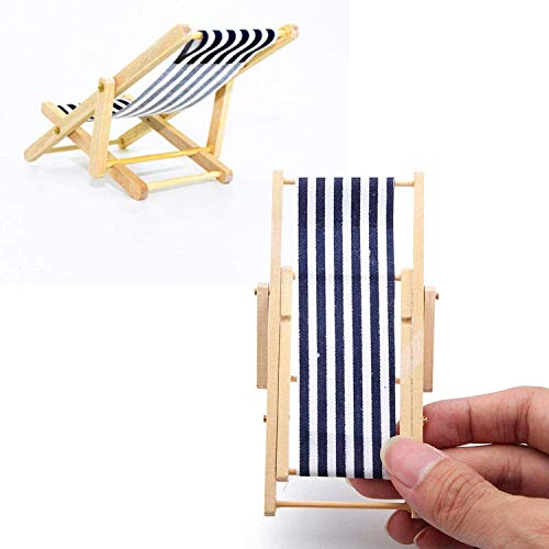 Miniatur Strand Stuhl, 2 Stück Hölzerner Mini Deko Liegestuhl | Puppenliegestuhl | Strandstuhl | Handyhalter | Miniliegestuhl | Klappstuhl, Blau-weißer Stoffsitz, ca.11x5cm