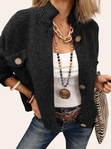 Image of Saodimallsu Womens Cropped Cardigan Sweaters Button Up Chunky Knit Long Sleeve Collared Open Front Loose Jackets