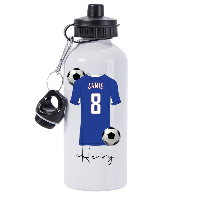 Pickhut Personalised Football 600ml White Aluminium Sports Water Bottle Back to School Gift for Kids, Customised with Name/Number/Text with Football Shirt Blue Jersey Kit (D11) โ image 1