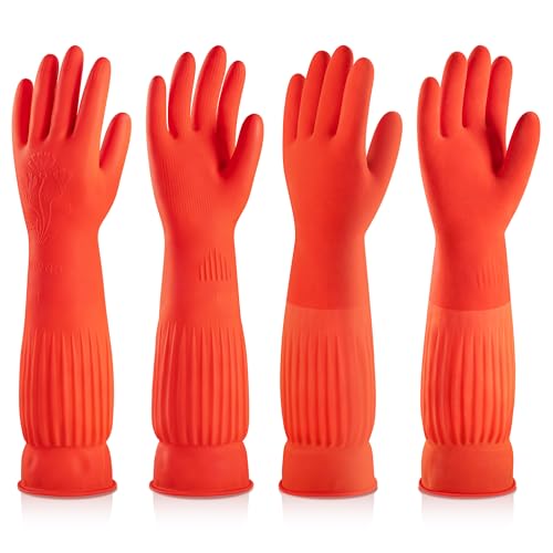 Comparison: Best Dishwashing Gloves For Hot Water 9 ThxToms Rubber Dishwashing Cleaning Gloves (2-Pair) - Soft Fleece Lining, Reusable, Waterproof with Extra-Long Cuff & Non-Slip Grip for Household & Kitchen Use - Medium