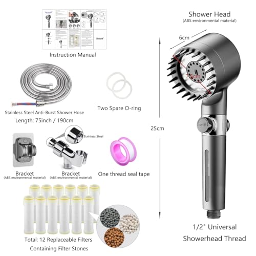 Mankoda High Pressure Filtered Shower Head - 3 Spray Modes Shower head with Handheld, Detachable Showerhead with 12 Replaceable Water Softener Filters for Hard Water | Shower with 75" Anti-Burst Hose - Image 3