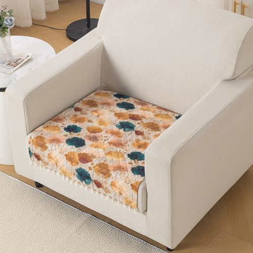 Image of HOKIPO Boho Wildflower Quilted Sofa Cover Mat with Tassels for 1 Seater 'Tassel Twigs' Series (IN-982-T11)