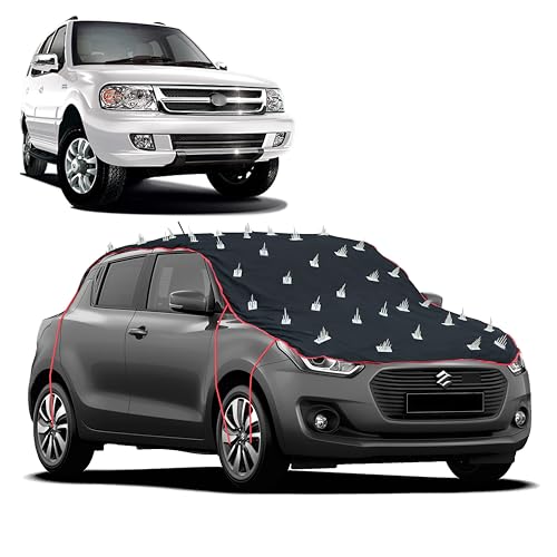 Image of Dog Protection Spike Car Cover for Tata Safari Dicor Bonnet to Roof Easy Installation with 4 Elastic Hook Strap | Anti-Scratch Soft Cotton Inner | Complete Protection from Street Dogs & Monkeys