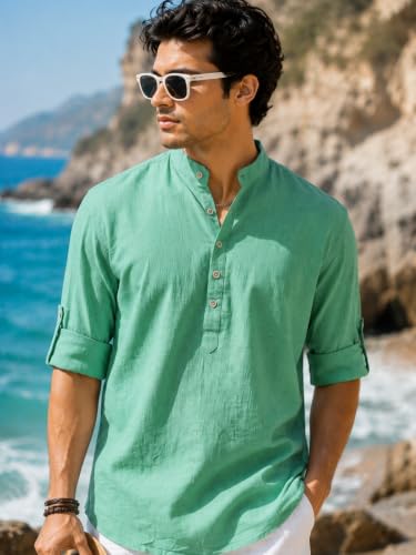 Image of Majestic Man Men's Pure Cotton Solid Mandarin Collar Slim Fit Roll-Up Sleeves Short Kurta Lightweight Summer Kurta for Daily & Occasion Use