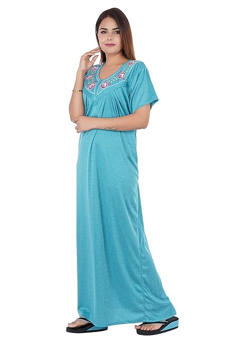 Image of Onekbhalo Women's- Full Sleeves-Feeding- Nursing- Maternity Nighty /Maxi /Gown /Nightdress /Nightwear- Hosiery Cotton Fabric- Floral Print- Embroidery with Zip