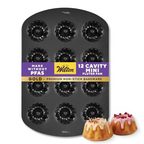 Wilton Gold Non-Stick Bakeware Mini Fluted Pan - Baking Pan For Mini Bundt Cakes, Donuts & More - Made Without Pfas & Scratch Resistant - Offers Even Heat Distribution - 16.5 X 11 Inch, 12 Cavity