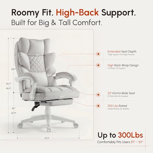 Image of Dowinx Big and Tall Office Chair with Pocket Spring Cushion,High Back Computer Gaming Chairs with Linkage Armrests,Executive Desk Chairs with Footrest,Cloth-White