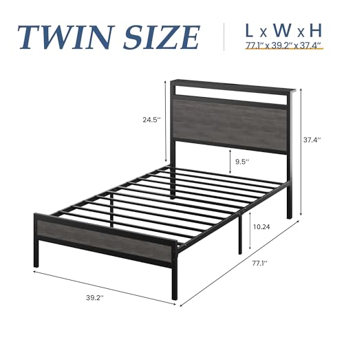 Image of Fluest Twin Bed Frame with Headboard & Footboard, Twin Bed Frame with Charging Station & LED Light, Under-Bed-Storage, No Box Spring Needed, Noise Free, Easy Assembly, Rustic Grey