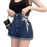 Light Blue Denim Shorts for Women High Waist Lace Up Jean Shorts Baggy Wide Leg Ulzzang Streetwear
