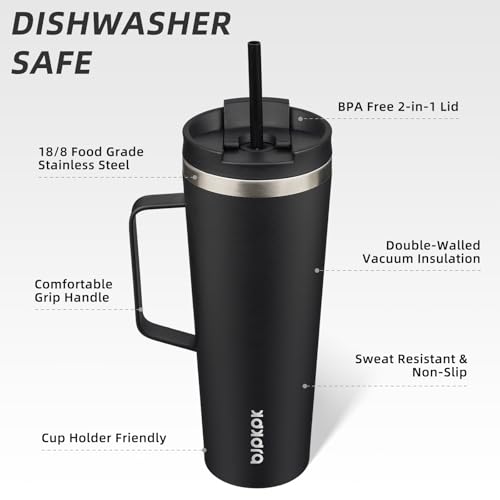 Image of BJPKPK 26oz Insulated Tumbler with Handle, Lid & Straw, Stainless Steel