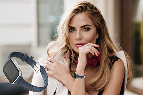 bayite Bands Compatible Fitbit Versa 2 / Fitbit Versa Lite/Fitbit Versa, Slim Genuine Leather Band Replacement Accessories Strap Versa Women Men (5.3"-7.8") (Dark Blue/Ocean) - Thumbnail 4