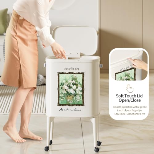 Image of MRBIN Metal Kitchen Trash Can with Wheel Legs, 36L / 9.5gal Medium Press Lid Slim Removable Waste Basket, Pet Proof Tall Narrow Garbage Pail for Vanity, Bedroom, Bathroom, Living Room, White Rose