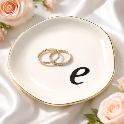 TIGYGY Initial Ring Dish - White Ceramic Jewelry Tray for Nightstand & Sink, Anti-Loss Trinket Organizer, Meaningful Engagement or Birthday Gift for Women, Sister, Friends (Letter E)