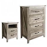 NEDYO 2PCS Rustic Dresser and Nightstand Set, Farmhouse 4 Drawer Dresser and 2 Drawer Nightstand with Charging Station, Wooden Bedroom Dresser Set. Light Rustic Oak