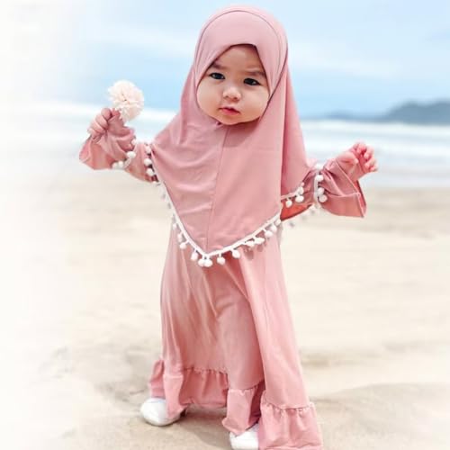 IBTOM CASTLE Abaya for Muslim Girls: Infant Baby Girl Dubai Prayer Robe Eid Ramadan Long Bell Sleeve Solid Dress Middle East Islamic Turkish Caftan Arabic Kimono Ethnic Dress Dusty Pink 2-3 Years2