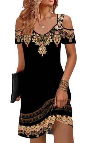 Disamer Sundresses for Women Beach Vacation 2026 Spring Cover Ups Short Sleeve T Shirt Dress Cold Shoulder Summer Dresses Floral Black Medium