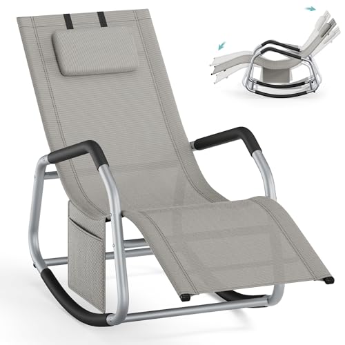 SONGMICS Schaukelliege, Liegestuhl, Schaukelstuhl, Stopper als Umkippschutz, verstellbare Kopfstütze, Stahlrahmen, atmungsaktiv, Seitentasche, für Garten, 151 x 56,2 x 97,3 cm, Taubengrau GCB230G01