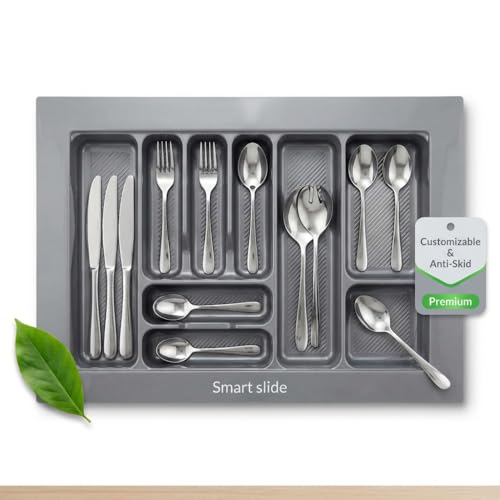 Image of SmartSlide 800MM PVC Cutlery Tray for Kitchen Drawer Modular Kitchen Tandem Drawer Organizer Adjustable Width & Depth Grey Non-Slip Surface (800 x 535 MM)