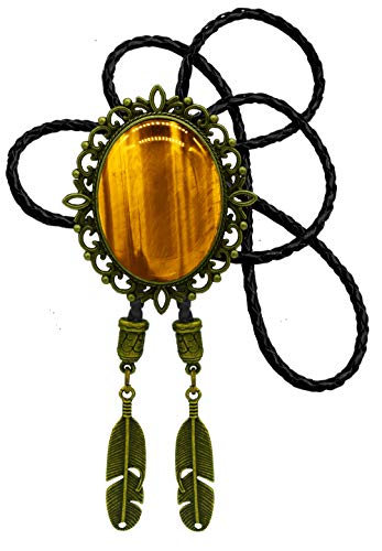 Image of Moranse Bolo Tie with Natural Tiger Eye Stone Celtic Style Genuine and Cowhide Rope