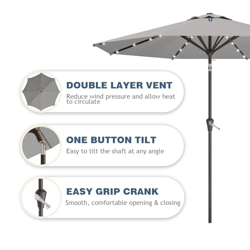 Image of 9FT Patio Umbrella with Solar Lights,Outdoor Market Umbrella with Tilt and Crank, LED Lighted Table Umbrella for Garden,Deck,Backyard,Pool,Beach (Light Gray)