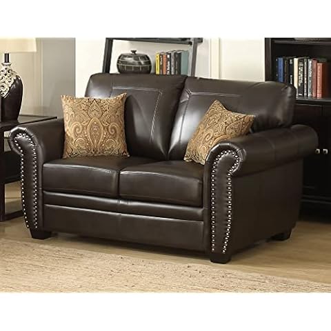 AC Pacific Louis Collection Traditional Upholstered Leather Living Room Piece with Antique Brass Nail Head Trim, Loveseat, Dark Brown Cover