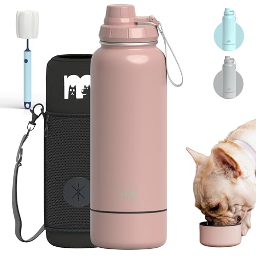 Miracle Pets Portable Dog Water Bottle with Bowl Attached 32oz w/Sleeve Stainless Steel Water Bottles Sports Hiking -Easy Handle Dog Travel Accesories Portable Dog Bowl (Misty Rose) Cleaning Brush Miracle Pets Portable Dog Water Bottle with Bowl Attached 32oz w/Sleeve Stainless Steel Water Bottles Sports Hiking -Easy Handle Dog Travel Accesories Portable Dog Bowl (Misty Rose) Cleaning Brush