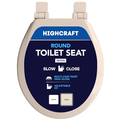 HIGHCRAFT Premium Round Toilet Seat with Slow-Close Design & Adjustable Hinges - Molded Wood Toilet Seat - Fits Standard Round Toilets - Round Seat in Bone/Beige