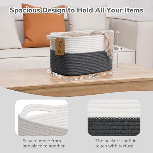 Image of Goodpick Woven Rope Storage Basket for Shelves, Rectangle, Dark Gray | 13 inch x 10 inch x 9 inch Stylish Gift Basket for Home Decor, Cotton Rope Baskets for Baby Toys, Books & Towels Storage, Writable Label