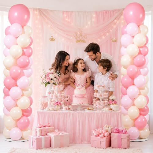 Image of 2 Sets Adjustable Balloon Column Stand Kit with Bases（Blush Pink） | Reusable Stainless Steel Poles, 102 Balloons with Pump, Floor Decor, Baby Shower Birthday Wedding Bridal shower Engagement
