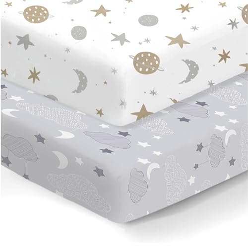 Image of 100% Organic Cotton Fitted Mattress Sheets Fit and are Compatible with Graco Pack n Play, Babyletto, Pamo Babe, Dream on Me, Evenflo, Baby Trend Portable/Mini Crib/Playards. 2 Pk Space & Sky