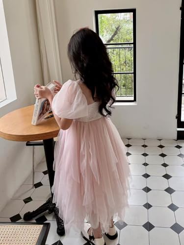 New 1-9 Years Seechoslo Girls Princess Dress Sparkly Sequin Bodice Puff Sleeve Tulle Party Dress3