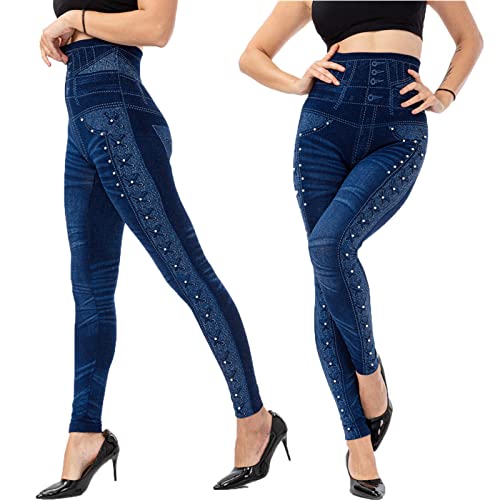 Pull On Skinny Jeans for Women Rhinestone Stretchy High Waisted Denim Pants Slimtummy Control Leggings with Pockets2