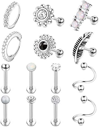 Kakonia 14Pcs 16G Cartilage Earrings for Women Surgical Steel Tragus Helix Conch Daith Rook Labret Piercing Jewellery