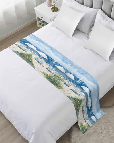 Nautical Sea Wave Blue Bed Runner for Twin Size, Ocean Coastal Beach Plant Bedspread Protector Slipcover Bed Scarf for Foot Runners & Scarves for Bedroom Hotel Wedding Room 71x20 Inches