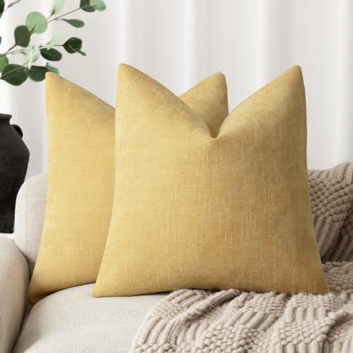 Image of Foindtower Pack of 2 Cozy Textured Chenille Throw Decorative Pillow Covers Square Accent Solid Cushion Cover Neutral Farmhouse Pillow Case for Couch Sofa Bedroom Living Room 24x24 Inch,Light Yellow