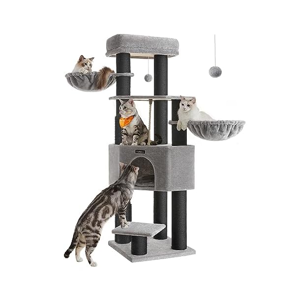 Feandrea Kratzbaum, mit selbsterwärmenden Decken, für große Katze, Katzenbaum, 2 Katzenbürsten, 9 Ø 11,1 cm Dicke Stämme, große Plattformen, Höhle, 50 x 50 x 160 cm, Taubengrau-schwarz PCT003W01